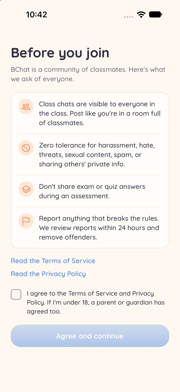 BChat community rules: class chats are visible to classmates, zero tolerance for harassment, no exam answers, report anything